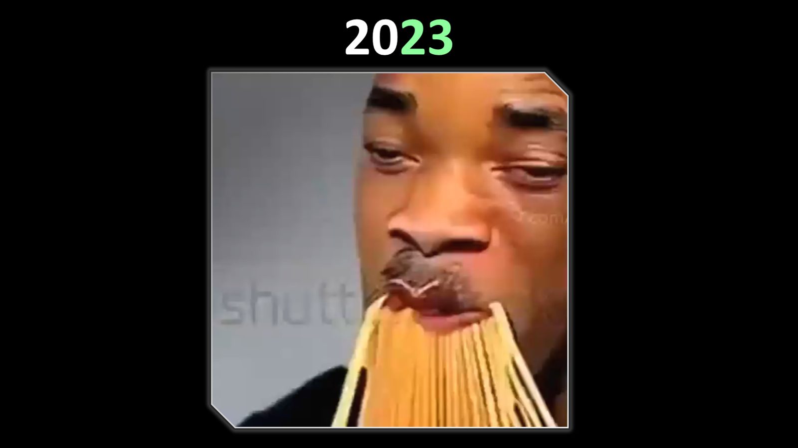 Slide: AI-video in 2023 — de Will Smith spaghetti-meme